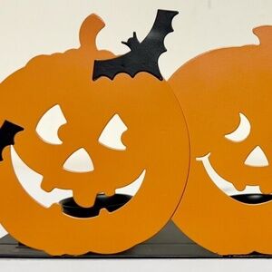 Halloween Pumpkin Jack O Lantern Bats Metal Triple Tea Light Candle Holder 11.5"